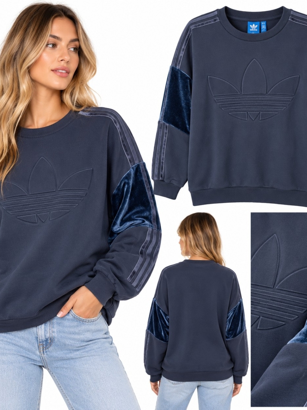 adidas Navy Trefoil Velvet-Panel Crew Sweatshirt